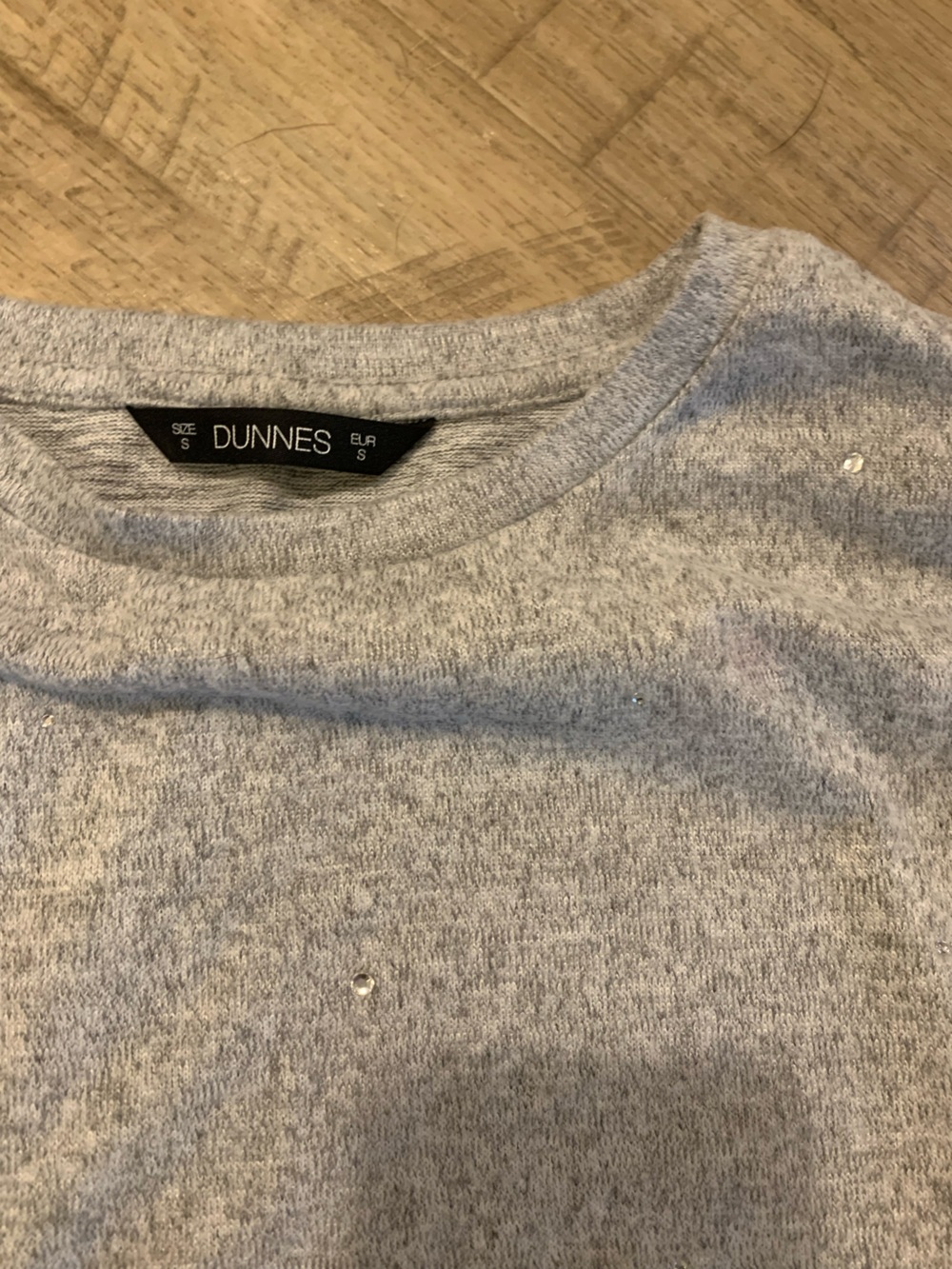 Dunne’s Super Soft Grey Sweater with 3/4 Sleeve and Jewel Accents